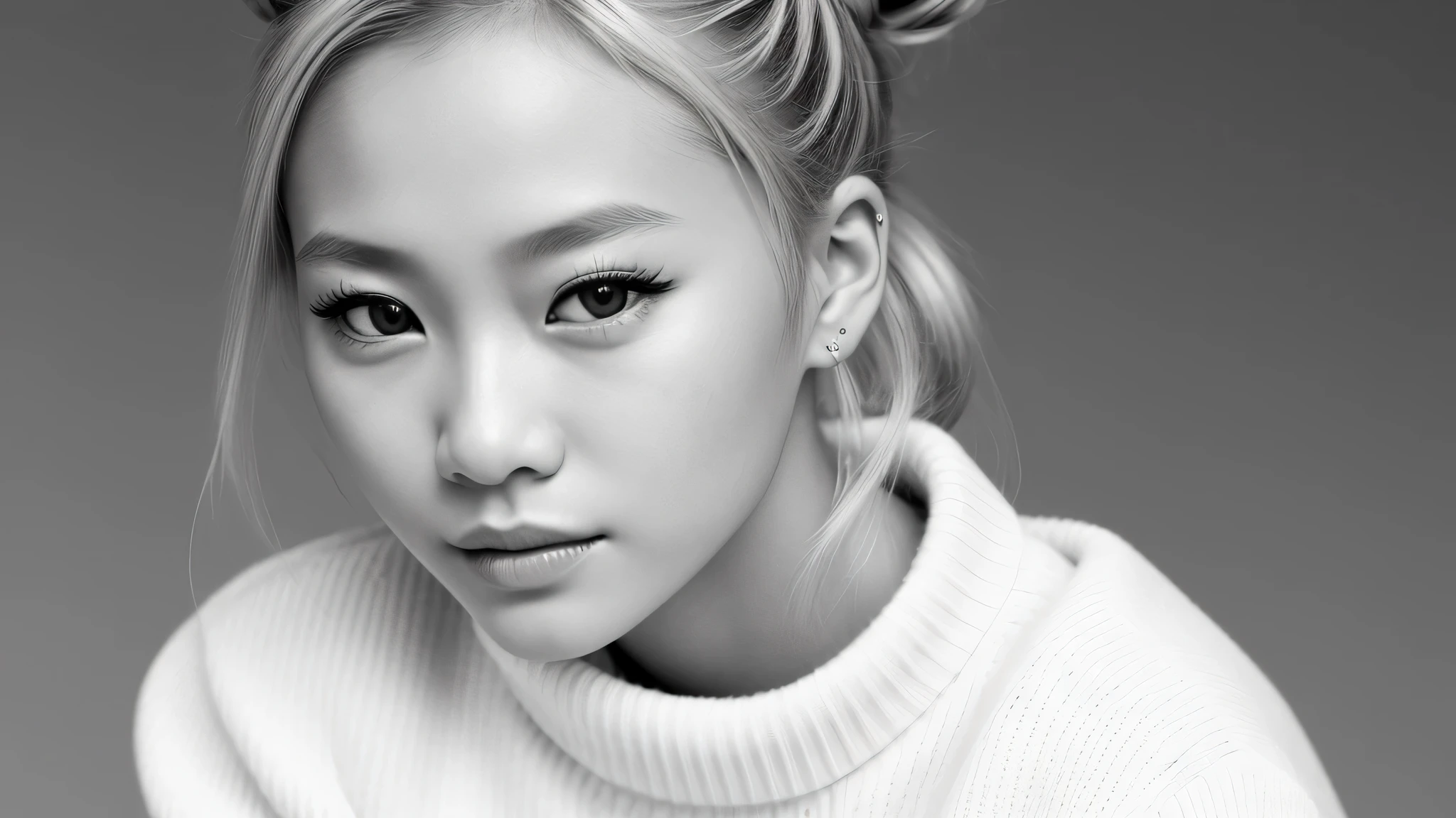 black and white photo of a young girl kids blonde hair bun with a sweater on and glass, portrait black and white, close up portrait photo, black and white portrait, 1 3 5 mm nikon portrait, beautiful portrait photo, studio potrait, taejune kim, seseon yoon, jaeyeon nam, gorgeous young model, editorial portrait, high detail portrait photo,