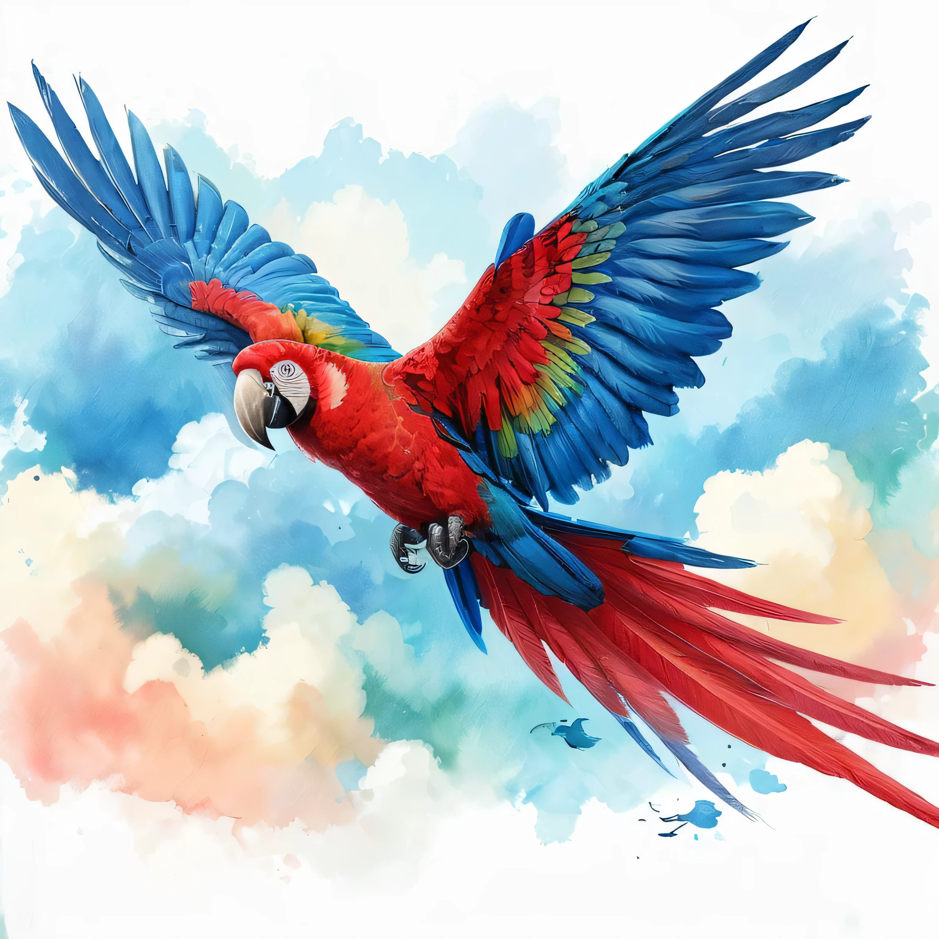painting of a red and blue parrot flying in the sky, ethereal macaw, papagaio, Birds f CGSOCIETY, extremely high quality artwork, air brush illustration, flying through the sky, digital airbrush painting, pintura digital em aquarela, arte digital altamente detalhada, pintura digital de alta qualidade, linda arte digital, flying around the bird, pintura digital altamente detalhada