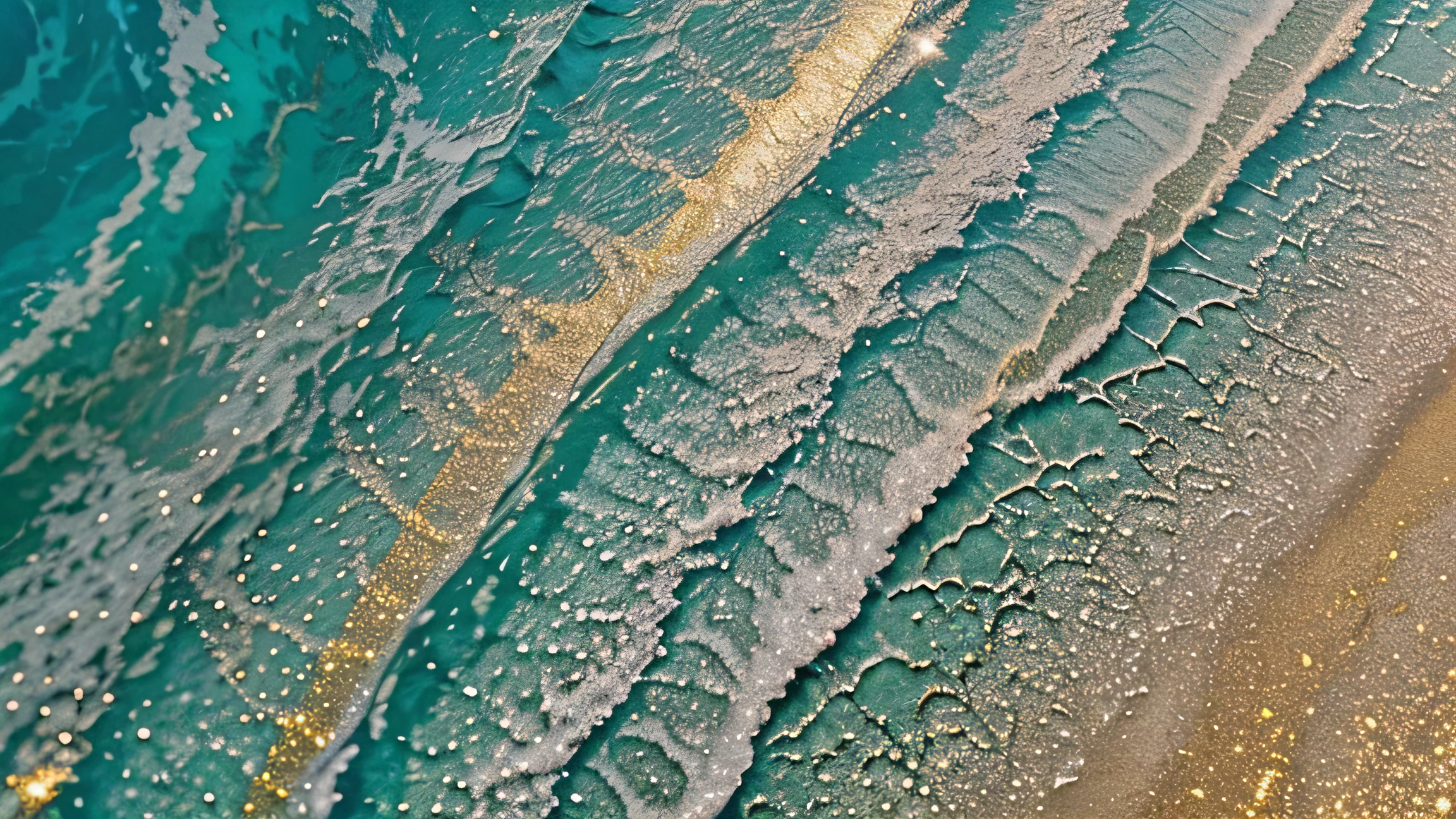 Hermosos puntos y olas hechos de arte fluido., en verde menta, azul claro, colores plateado y magenta con polvo de oro brillante esparcido en cada color alterno, con finos hilos de oro dividiendo los colores. Brillo similar a la resina epoxi.
