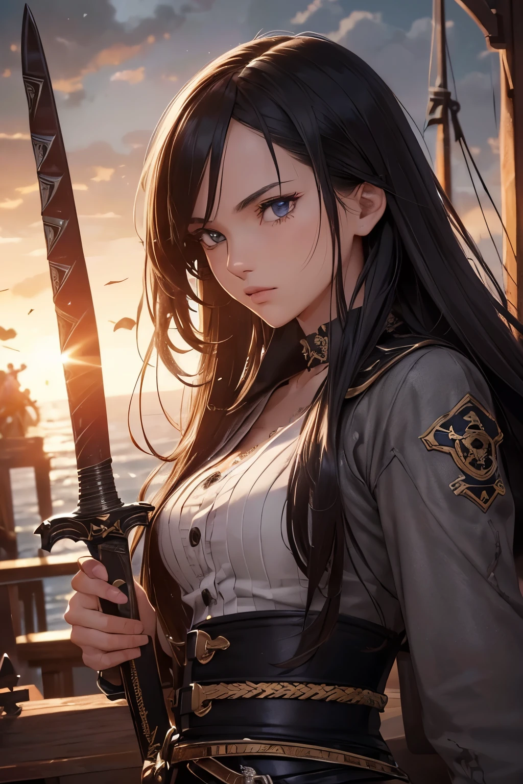 (Ultra quality:1.2), (Ultra detailed:1.2), (Ultra detailed clothes:1.2), (Ultra detailed face:1.2), (Ultra detailed eyes:1.2), (Ultra detailed body:1.2), (Ultra detailed weapons:1.2), young pirate girls, torn clothes, different hair colors, sword fights, battlefield in the background, fire in the background, night