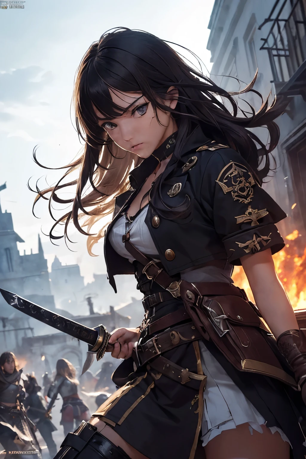 (Ultra quality:1.2), (Ultra detailed:1.2), (Ultra detailed clothes:1.2), (Ultra detailed face:1.2), (Ultra detailed eyes:1.2), (Ultra detailed body:1.2), (Ultra detailed weapons:1.2), young pirate girls, torn clothes, different hair colors, sword fights, battlefield in the background, fire in the background, night