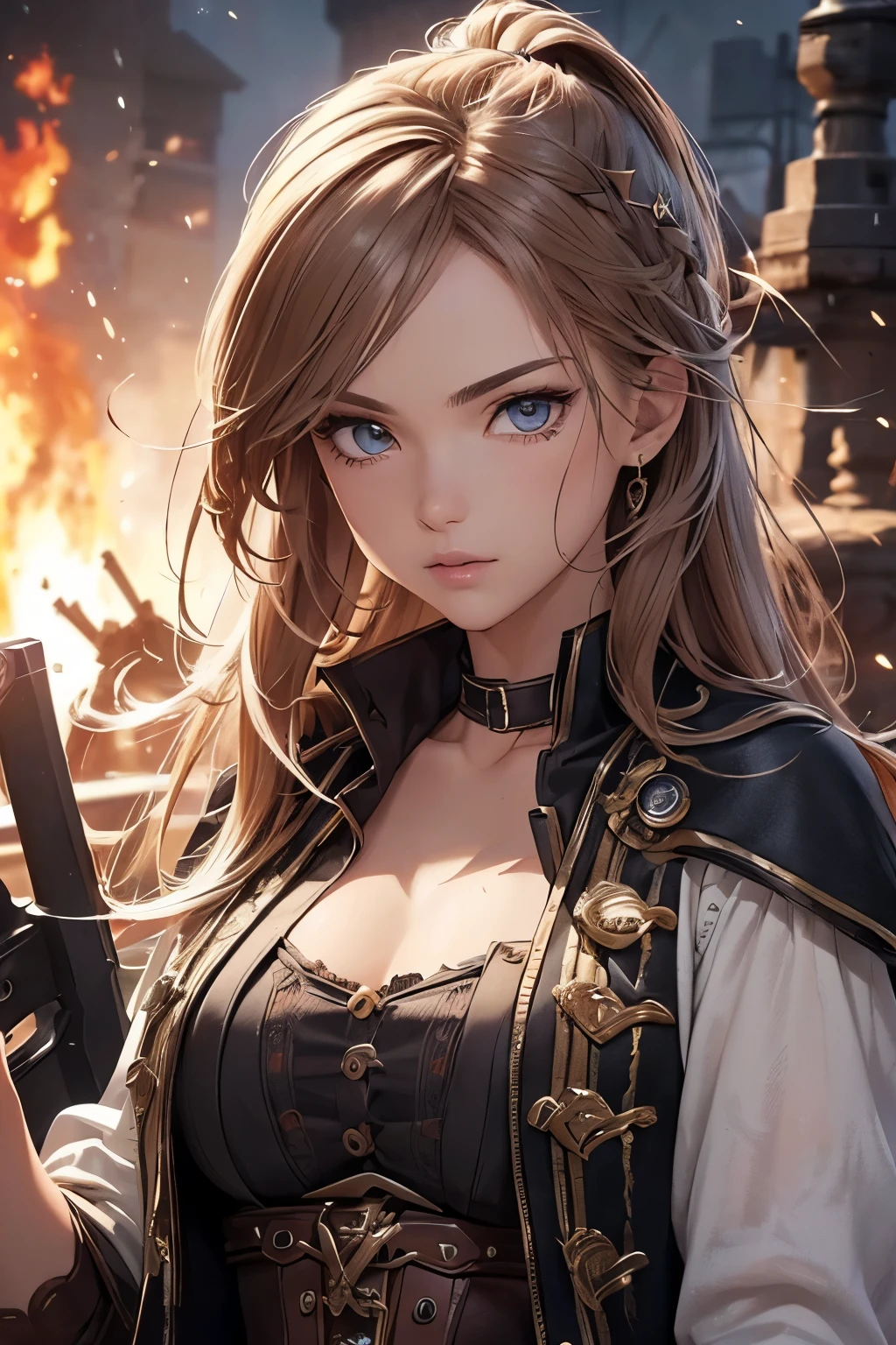 (Ultra quality:1.2), (Ultra detailed:1.2), (Ultra detailed clothes:1.2), (Ultra detailed face:1.2), (Ultra detailed eyes:1.2), (Ultra detailed body:1.2), (Ultra detailed weapons:1.2), young pirate girls, torn clothes, different hair colors, sword fights, battlefield in the background, fire in the background, night