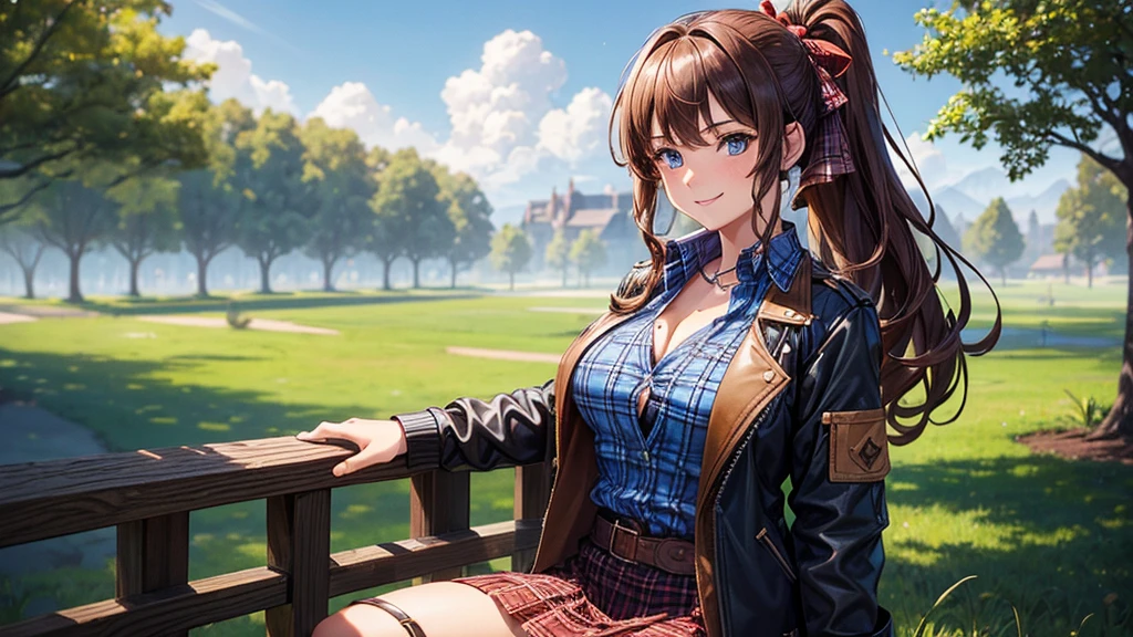 1girl, solo, village house, trees, sun, clouds, ((brown hair)), ponytail, large breasts, ((brown leather jacket)), button down shirt, ((blue checked shirt)), ((unbuttoned shirt)), unbuttoning buttons, cleavage 1:3, green eyes, long skirt, brown boots, smile, happy, looking at the viewer, standing, hair ribbon, golden necklate, wind