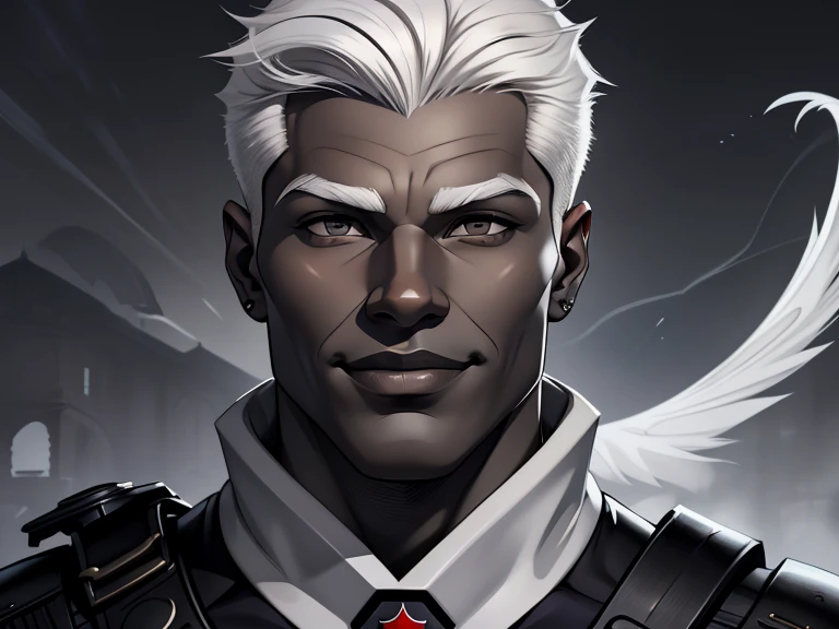 masterpiece, best quality, realistic, 1boy, male, quiet and charming young boy, 20 year old, a smirk, closed mouth, ((black skin)), portrait, extremely detailed face, cold and smirk, ((gray eyes)), ((swooping white hair )), [thick eyebrows], dark palace, ((soldier)), dim light, evil, white Thunder  background