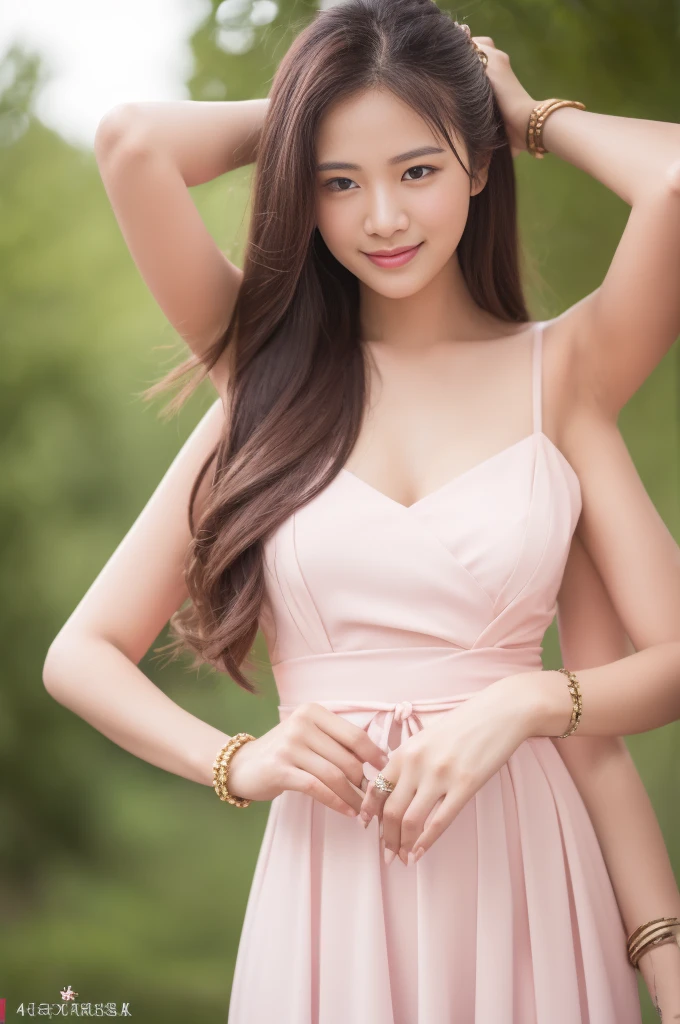 Dslr photo, (extraarms:1.2), (8k, 4k, masterpiece),beautiful pretty filipina asian woman, curvy, smiling, laughing, sunny, summer, bright, (girly), (feminine), outdoors, park, spaghetti strap pink floral sun dress, dress with open sides, low cut, summer dress, long dark hair in ponytail, bracelets, blurry background, (lower hands on hips:1.2), (elbows out), high heels, cute, full subject in frame, full body view, holding purse, front view, (four arms), (extraarms:1.2), (upper hands on head)