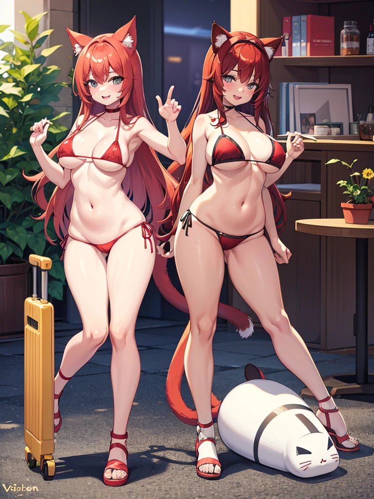 happy woman, with cat ears and red hair, holding her cheeks, cat tail, wearing a ??????, looking at veiwer, full body