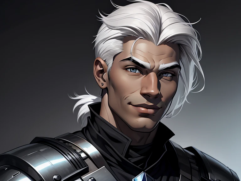 masterpiece, best quality, realistic, 1boy, male, quiet and charming young boy, 20 year old, a smirk, closed mouth, ((black skin)), portrait, extremely detailed face, cold and smirk, ((gray eyes)), ((swooping white hair )), [thick eyebrows], dark palace, ((soldier)), dim light, evil, white Thunder  background
