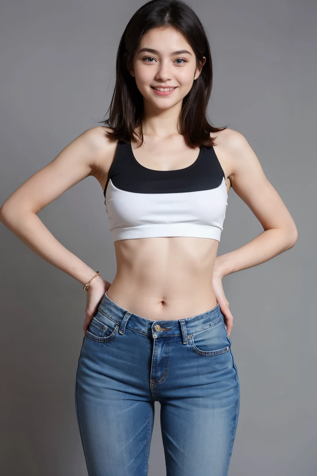 beautiful 14 years old girl, smiling, crop top, slim jean, blue eyes, 1m65, 45kg