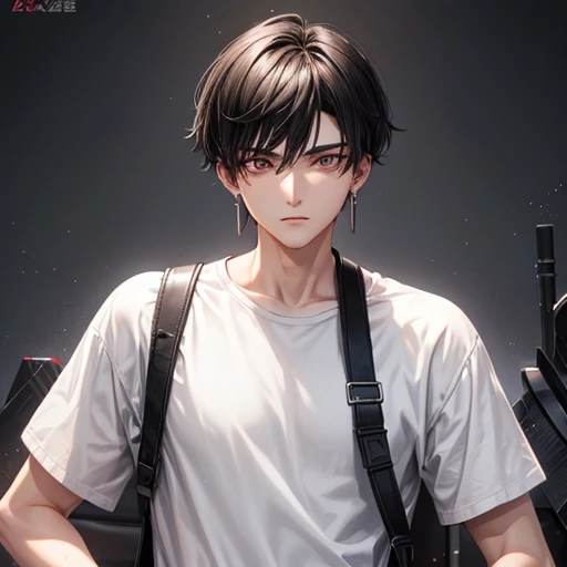 Adult male, young man, black hair, long eyes, short wolf cut, casual clothing, slanted eyes, center parted hair, thin body, parallel eyebrows, earrings, tear bags