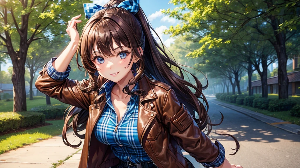 1girl, solo, village, trees, brown hair, long hair, curly hair, ponytail, large breasts, button down shirt, ((blue checked shirt)), blue eyes, ((opened brown zipper jacket)), leather jacket, red and black skirt, smile, looking at the viewer, standng, hair ribbon