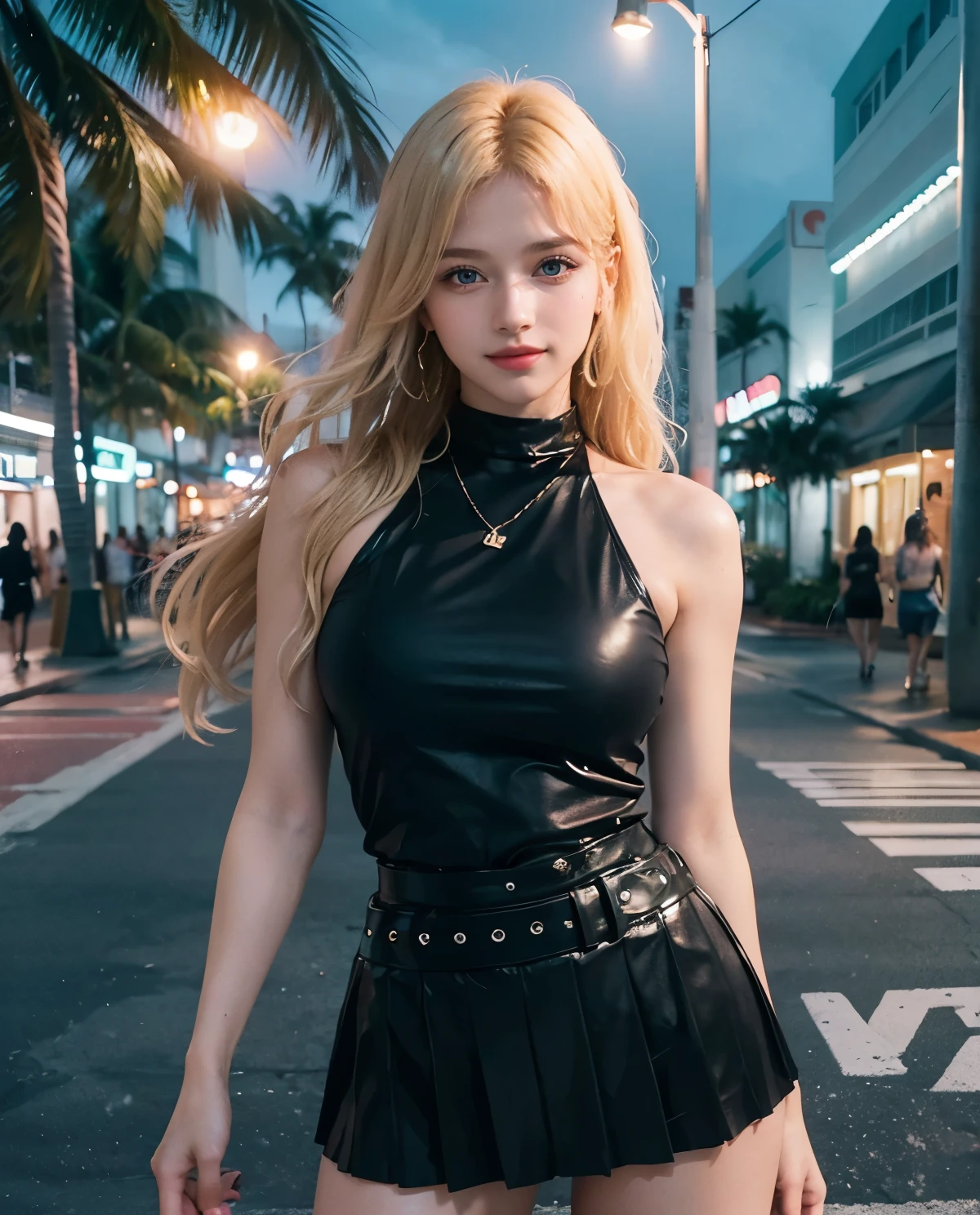 1girl, Blue eyes, (smile), (Sana Minatozaki), wide hips, Big , big ass, (Best Quality, 8k, Masterpiece: 1.3), perfect hands, Clear Focus: 1.2, Perfect Body Beauty: 1.4 , Strongs Abs: 1.2, Highly detailed face and skin texture, detailed eyes, double eyelids, (blonde long hair), (black sleeveless t-shirt), leather belt, (black pleated skirt), standing, dynamic pose, ((on the streets of Miami Beach at night Washington Avenue at night :1.3))