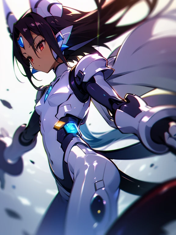 Masterpiece, best quality, highres, amazing quality, tenchi muyo, flat chested, (male), (8 year old boy), (shota), (Dark skin), cute, red eyes, very long dark brown hair, blue gem on forehead, white mecha musume armour, white exosuit armour, black powersuit, white mecha armour legging, long white mecha tail, badass, cool, shounen, close up, long white Mecha tail