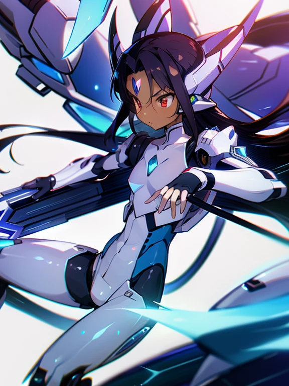 Masterpiece, best quality, highres, amazing quality, tenchi muyo, flat chested, (male), (8 year old boy), (shota), (Dark skin), cute, red eyes, very long dark brown hair, blue gem on forehead, white mecha musume armour, white exosuit armour, black powersuit, white mecha armour legging, long white mecha tail, badass, cool, shounen, close up, long  white Mecha tail