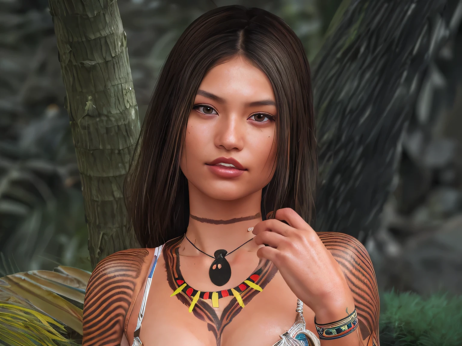 Pretty young native woman, necklace, bodypaint, warpaint, masterpiece, best quality, 8k, raw, canon 5d, f/1.8, iso 6400, RAW Photo, (Best Quality), (Ultra Sharp), (Ultra Realistic), (Ultra Resolution), (Ultra Detailed), (Ultra Detailed) Definition), 8k, HD, realistic image, DSLR, detailed skin, detailed face, hyper realistic, (highly detailed skin: 1.2), 8k uhd, dslr, soft lighting, high quality, film grain, Fujifilm XT3