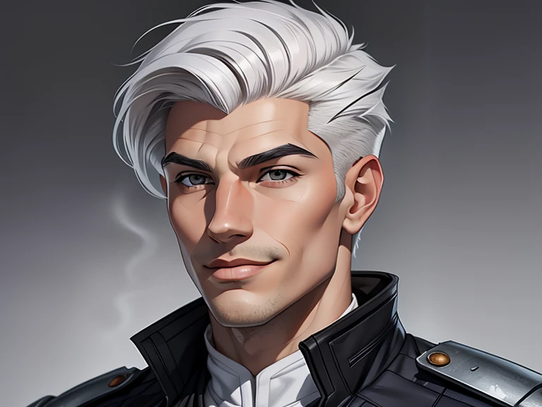 masterpiece, best quality, realistic, 1boy, male, quiet and charming young boy, 20 year old, a smirk, closed mouth, ((tan skin)), portrait, extremely detailed face, cold and smirk, ((gray eyes)), ((swooping white hair )), [thick eyebrows], dark palace, ((soldier)), dim light, evil, white Thunder  background