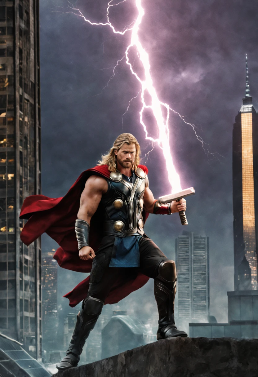 Thor, god of thunder, olhando para frente, empunha seu martelo na cidade futurista. Between gleaming skyscrapers, naves gigantes flutuam. Lightning and lights intertwine as Thor, imponente em sua armadura, observa o horizonte. An epic fusion of myth and technology.