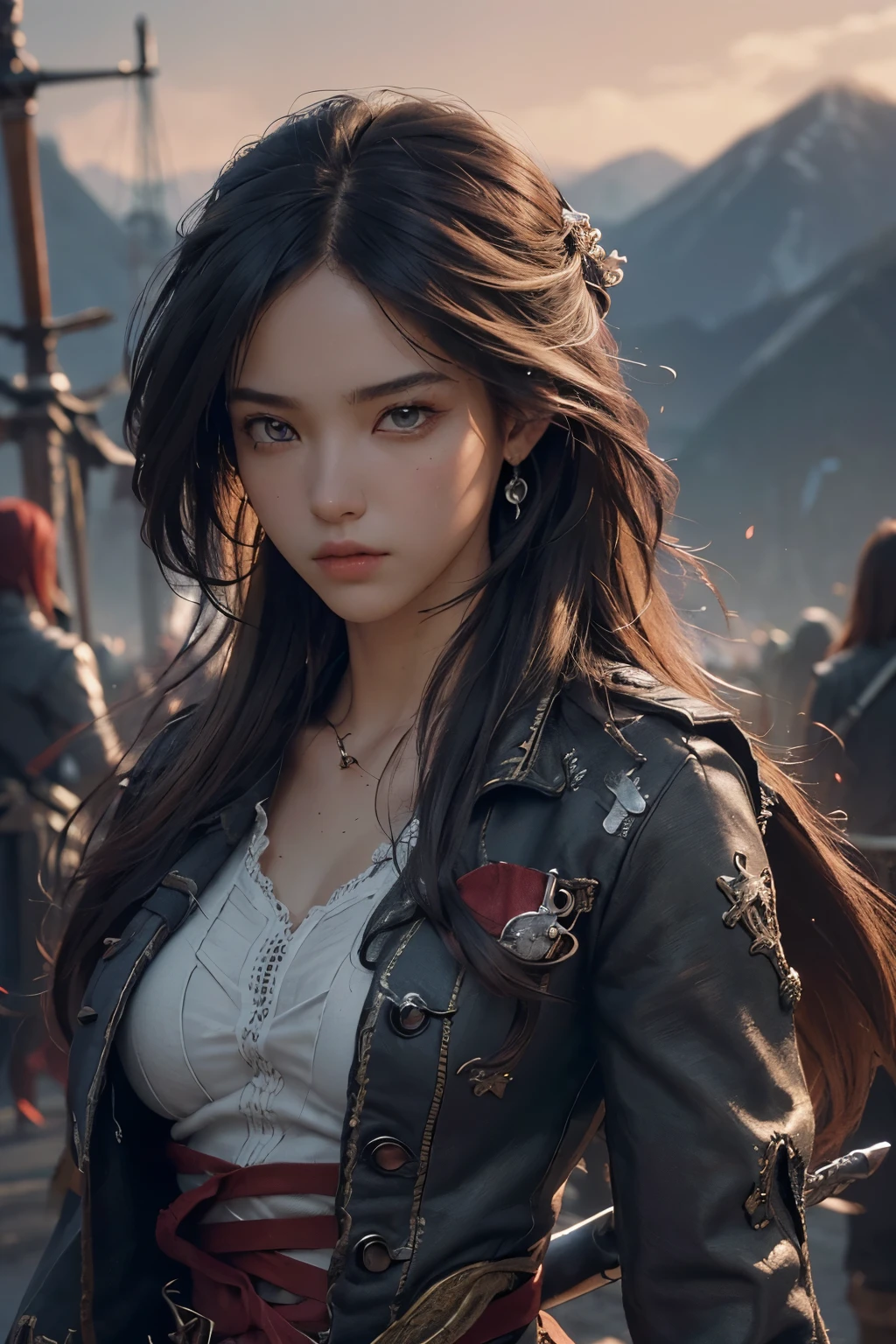 (Ultra quality:1.2), (Ultra detailed:1.2), (Ultra detailed clothes:1.2), (Ultra detailed face:1.2), (Ultra detailed eyes:1.2), (Ultra detailed body:1.2), (Ultra detailed weapons:1.2), young pirate girls, torn clothes, different hair colors, sword fights, battlefield in the background, fire in the background, night