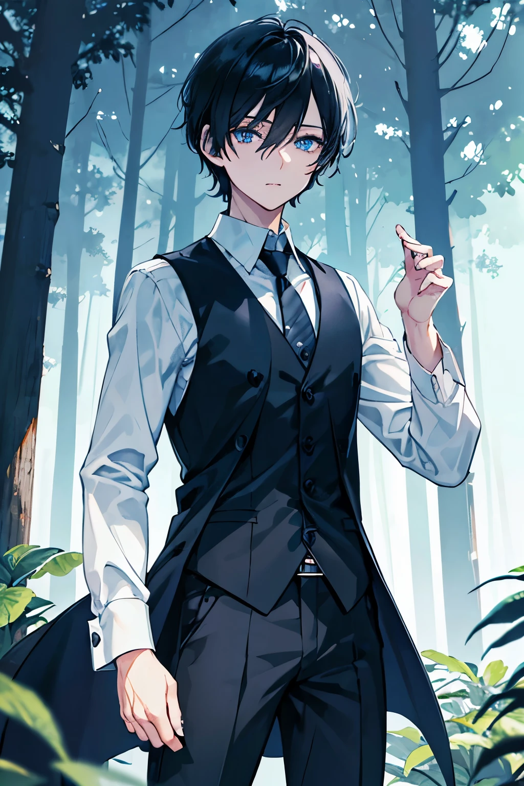 male black hair blue eyes short hair in the forest white cutter shirt Pose with movement one person Black vest Decisive pose coat 大きいfrog frog masterpiece Highest image quality noise removal clear parts cinematic shadow Increased attractiveness of the eyes clear parts the shine of the eyes Draw eyelashes neatly perfect eyes detailed eyes Sharpen image quality Sharpen eye writing clear parts eye shape