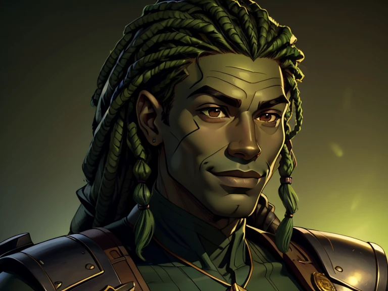 masterpiece, best quality, realistic, 1boy, male, quiet and charming young boy, 20 year old, a smirk, closed mouth, ((black skin)), portrait, extremely detailed face, cold and smirk, ((brown eyes)), ((Green dreadlocks hair )), [thick eyebrows], dark palace, ((soldier)), dim light, evil, green Thunder  background
