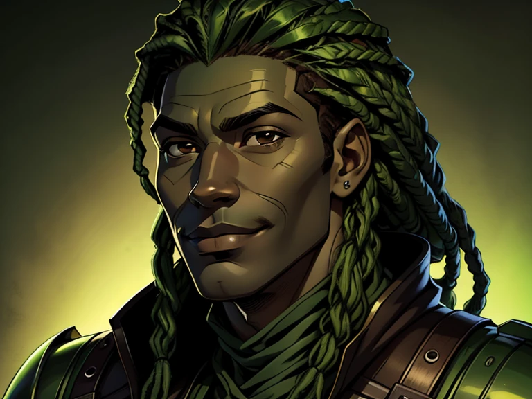 masterpiece, best quality, realistic, 1boy, male, quiet and charming young boy, 20 year old, a smirk, closed mouth, ((black skin)), portrait, extremely detailed face, cold and smirk, ((brown eyes)), ((Green dreadlocks hair )), [thick eyebrows], dark palace, ((soldier)), dim light, evil, green Thunder  background