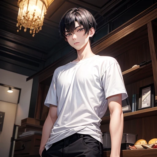 Adult male, young man, black hair, long eyes, short wolf cut, casual clothing, slanted eyes, center parted hair, thin body, parallel eyebrows, tear bags, duck mouth