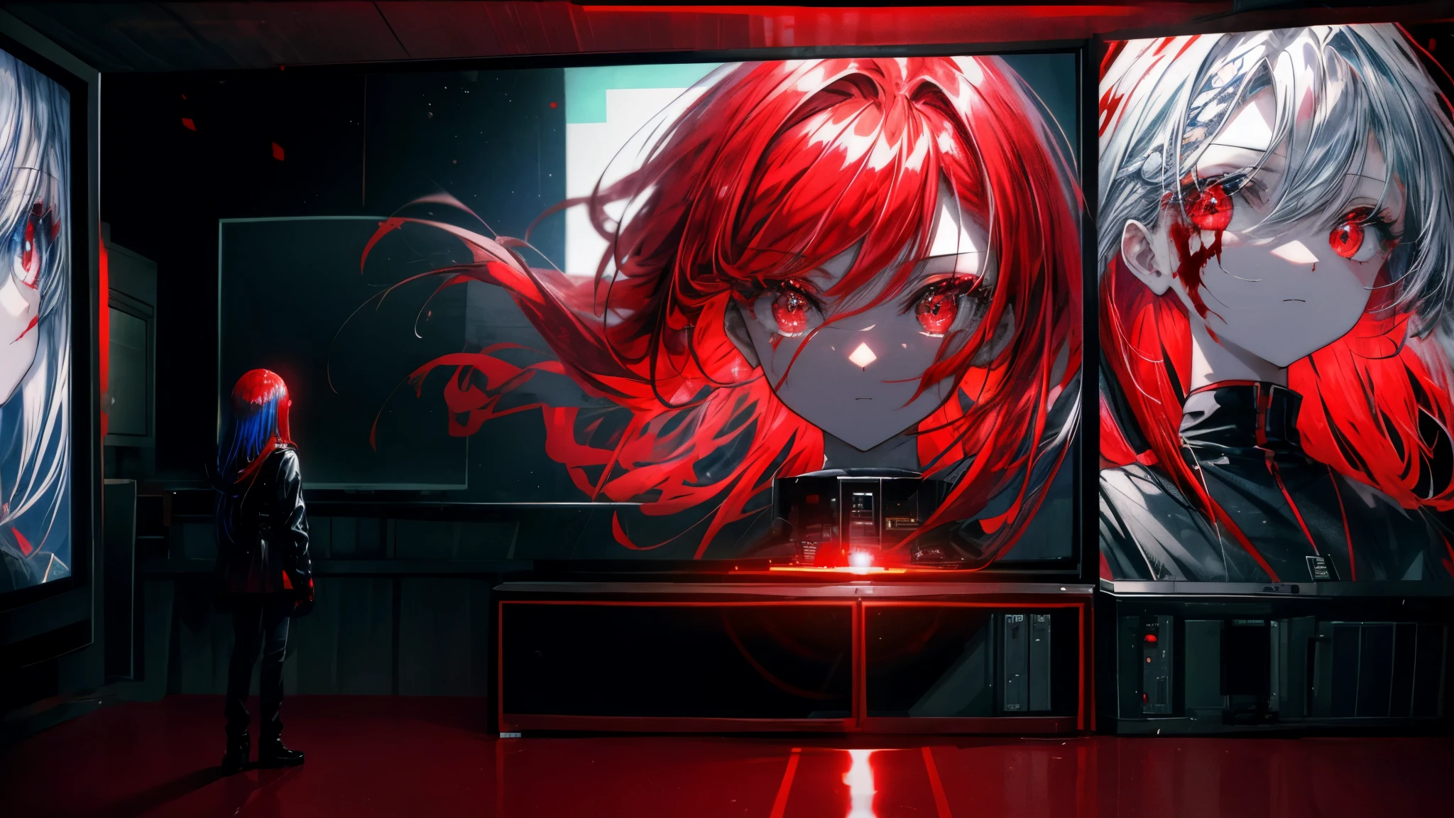 masterpiece, 1 girl, upper body, upclose, girl infront, looks at the viewer, Eyes in TV, Monitors with eyes in background, in doors, red eyes, blood, long blue hair, blue hair, many details, back facing viewer, head turned to look at viewer, emotionless, dim room, only light from tv monitors, monitors with eyes, Many screens showing different things, 1 girl in a screen, detailed eyes in the other screens, well lit, blood on face, blood on hair, blood dripping from eyes, eyes with crosses in them, pale skin, seperate monitors, emotionless face, bright colours, glowing eyes, long hair, white hair, eyes split in half, detailed, neon eyes, beautiful eyes, cool eyes, large monitor screen displaying beautiful eyes in background, girl in the center, silhouette of a girl in the center, red lighting, red eyes, blood, detailed, glowing, dim room, lighting from screens, massive screens displaying giant girl in the background , long hair,in a cinema room, dim lighting, bright lighting, red eyes, girl on screen panel, eyes in screen panels, long red hair, bright red hair, long hair, hair glowing, well lit, detailed, detailed lighting, well lit hair, well lit face, looking at viewer, foggy room, cinema screen , cinema screens with girl in them, emotionless expression, eye on cinema screen, lots of giant cinema screens, glowing eyes, red eyes,