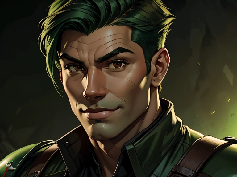masterpiece, best quality, realistic, 1boy, male, quiet and charming young boy, 20 year old, a smirk, closed mouth, ((black skin)), portrait, extremely detailed face, cold and smirk, ((brown eyes)), ((Green hair )), [thick eyebrows], dark palace, ((soldier)), dim light, evil, green Thunder background