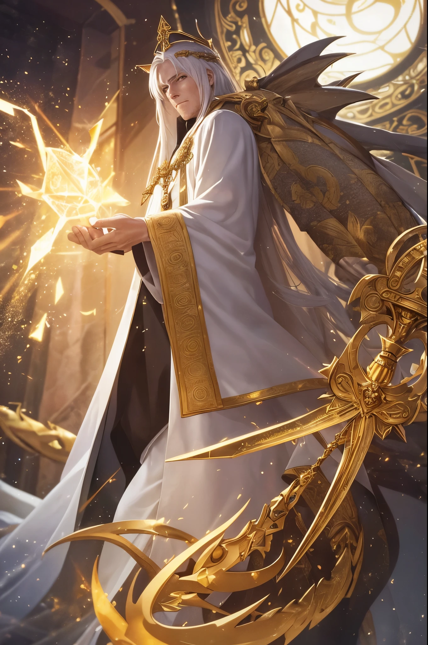 a man who looks to be about 35 years old, in a white priest's robe with gold patterns in the form of a dragon, with long white hair and golden eyes, behind his back is a golden staff with a crystal of fire dust at the top of the staff