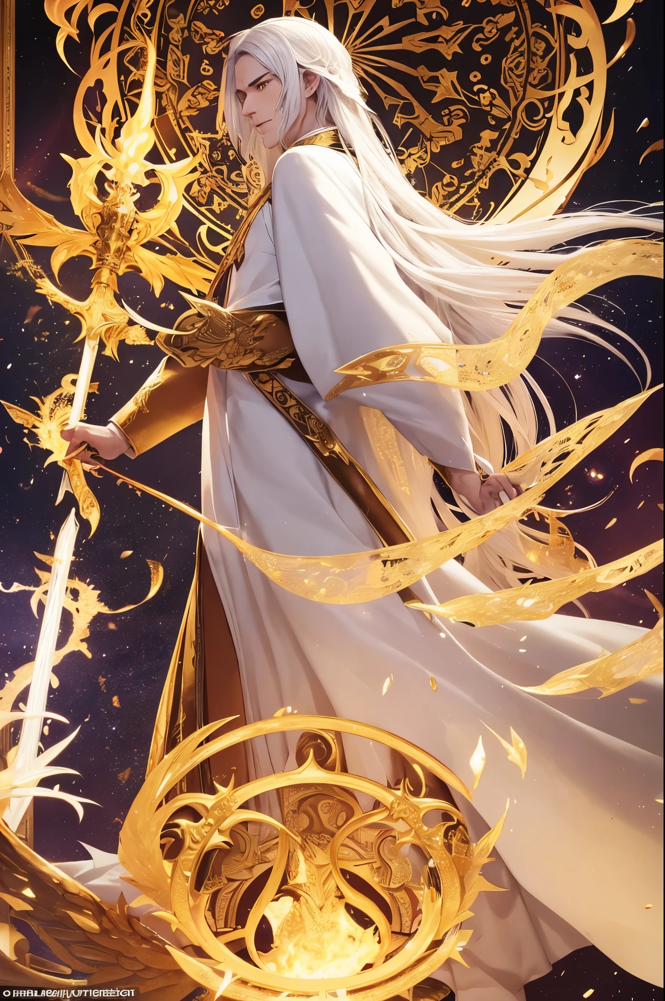 a man who looks to be about 35 years old, in a white priest's robe with gold patterns in the form of a dragon, with long white hair and golden eyes, behind his back is a golden staff with a crystal of fire dust at the top of the staff