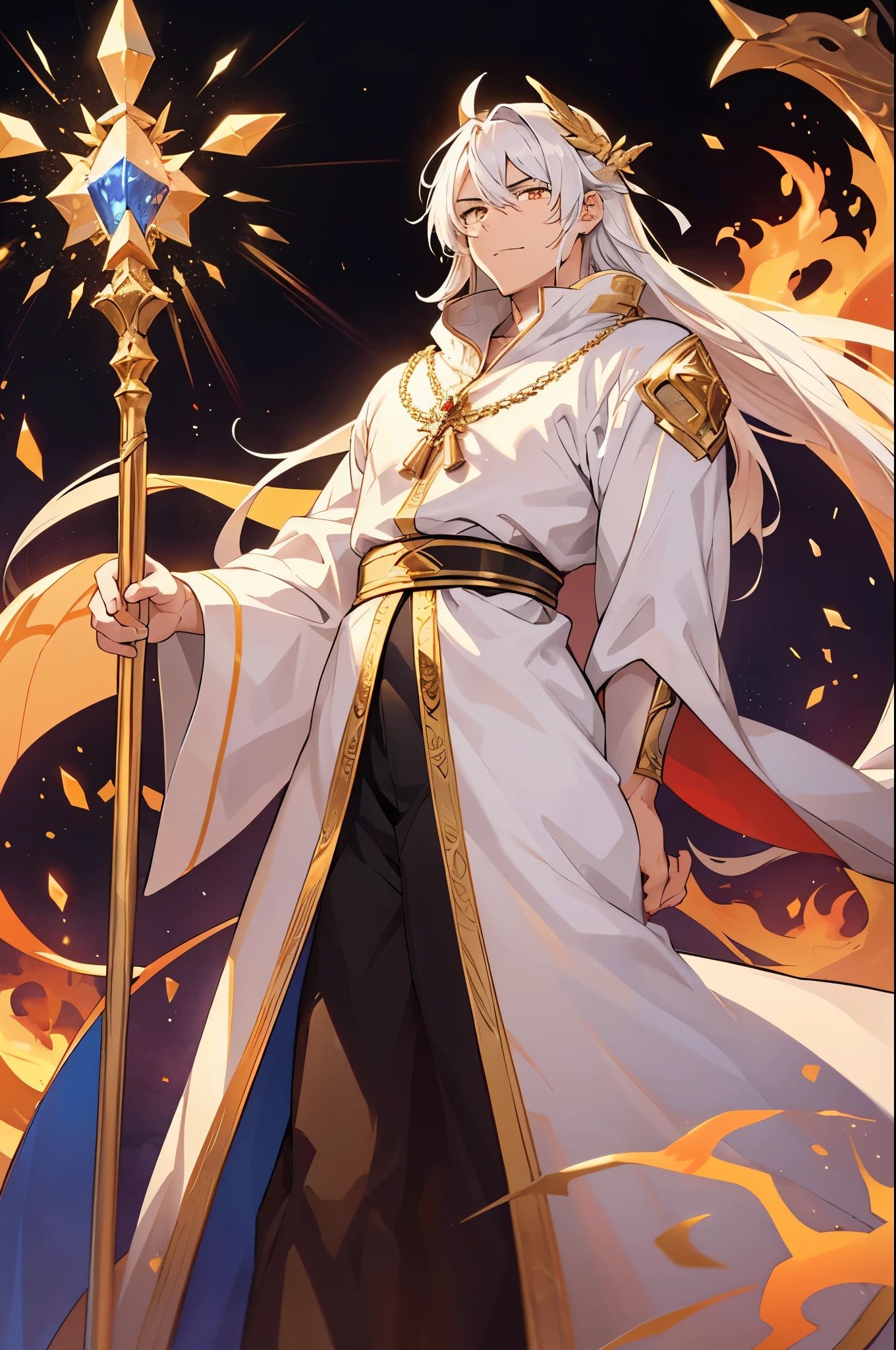 a man who looks to be about 35 years old, in a white priest's robe with gold patterns in the form of a dragon, with long white hair and golden eyes, behind his back is a golden staff with a crystal of fire dust at the top of the staff