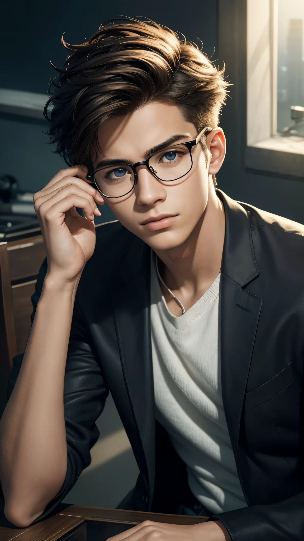 A captivating close-up portrait of a young teenage boy with glasses and stylish spectacles, his spiky hair standing out in defiance, as he settles into a chair for a photoshoot. The realistic rendering of every detail, from the curve of his cheekbones to the refraction of light in his glasses, is brought to life in ultra-high definition, making for an image that truly pops. With each pixel meticulously crafted, the full HD image shines as a testament to the art of photorealistic digital art. Best viewed on the largest screens, this masterpiece is sure to take your breath away. Inspired by the works of renowned artists such as I