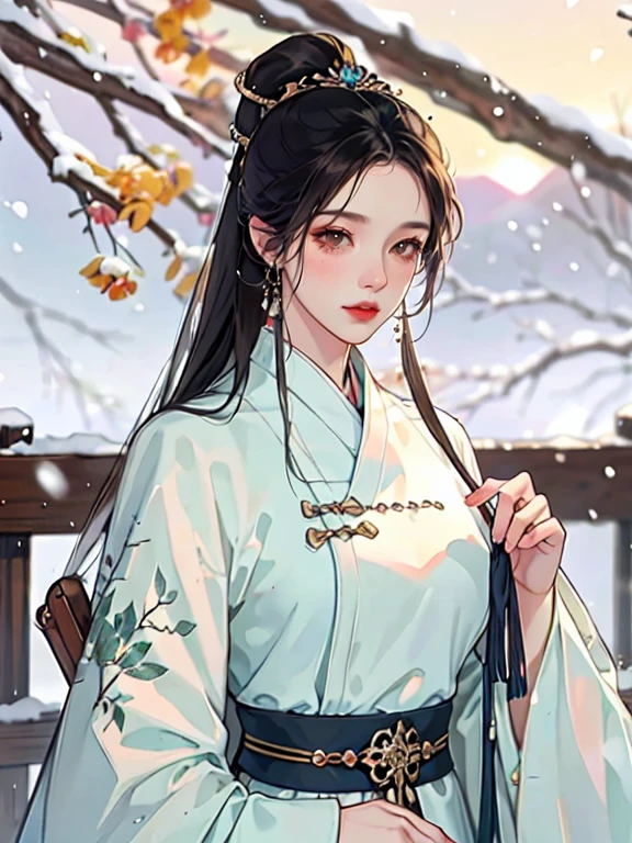 (best quality), ((masterpiece)), (highres), illustration, original, extremely detailed, licg, snow, snowman, 1girl, 1boy, chinese clothes, black hair, outdoors, long hair, winter, long sleeves, fur trim, hanfu, snowing, ponytail, jewelry, ribbon, looking down, earrings, blurry, hair ornament