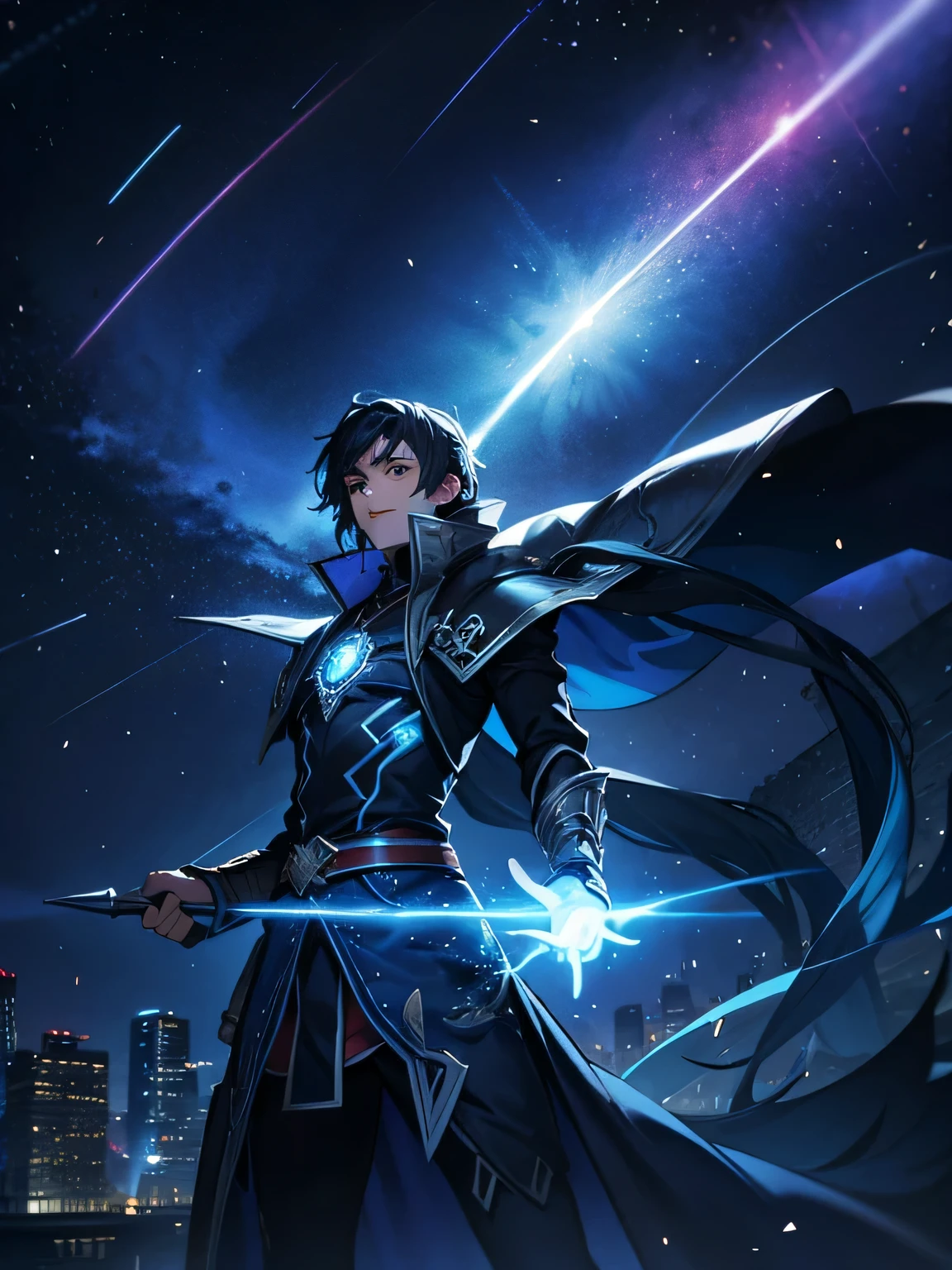 Um mago combinando energia com uma aura azul ao redor de seu corpo, uma cidade ao fundo, tempo chuvoso, meteors falling from the sky towards the city, noite, realista, 4k, plane hit by meteor in the air,