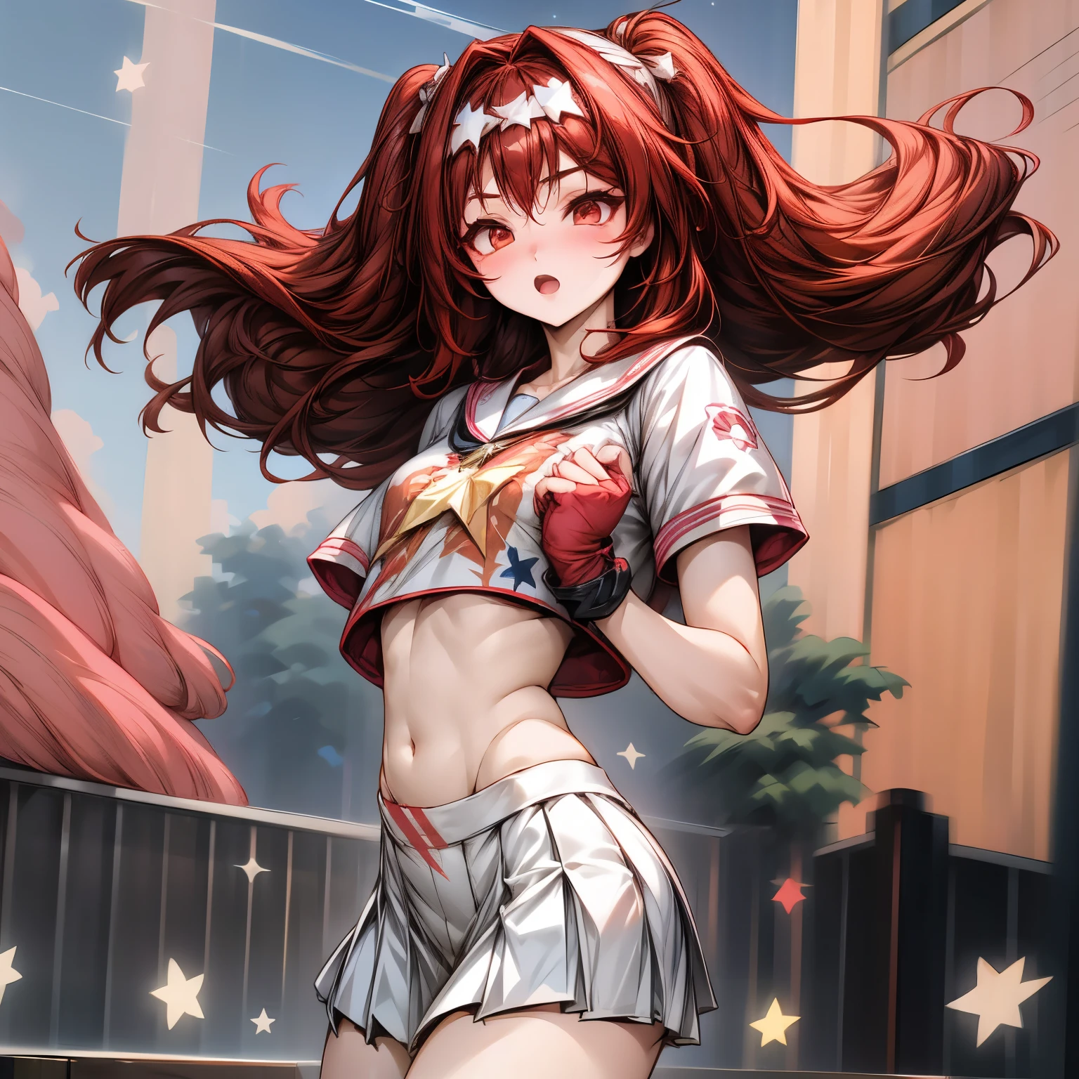 Anime girl, 1 anime girl, black and red hair, golden eyes, golden pupils, glowing eyes, thick hair, blown by the wind, crop top, skirt, blush, sunlight, starlight, stars, night, School sports field landscape, white skin, red and white sport outfit, beautiful, happy pose, Hands behind 