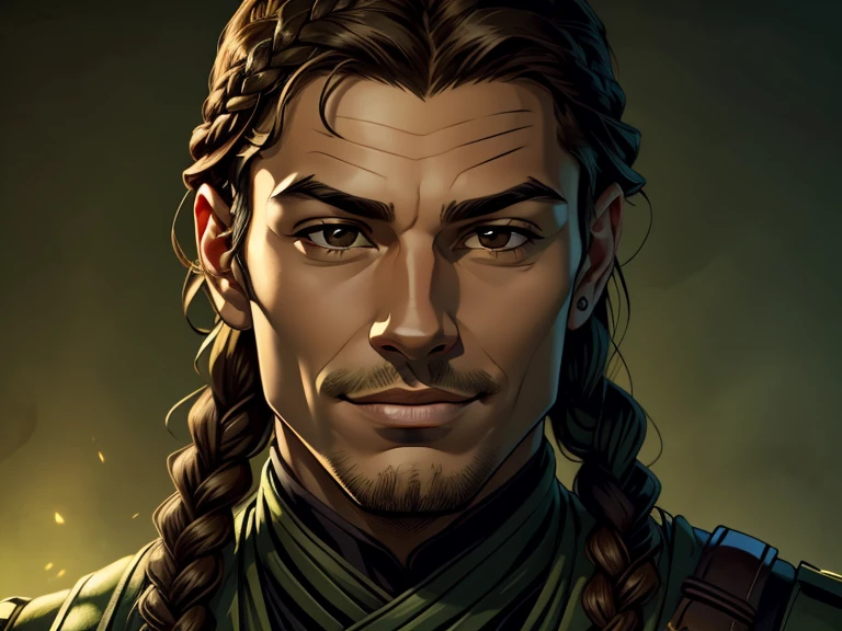masterpiece, best quality, realistic, 1boy, male, quiet and charming young boy, 20 year old, a smirk, closed mouth, ((black skin)), portrait, extremely detailed face, cold and smirk, ((brown eyes)), ((Green braided hair )), [thick eyebrows], dark palace, ((soldier)), dim light, evil, green Thunder background