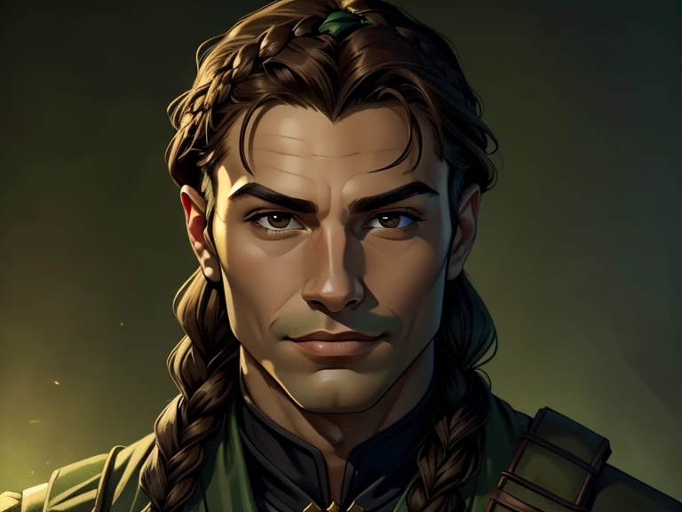 masterpiece, best quality, realistic, 1boy, male, quiet and charming young boy, 20 year old, a smirk, closed mouth, ((black skin)), portrait, extremely detailed face, cold and smirk, ((brown eyes)), ((Green braided hair )), [thick eyebrows], dark palace, ((soldier)), dim light, evil, green Thunder background