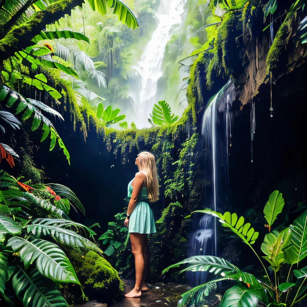 (a 23-year-old blonde woman), (large breasts:1.1), (slim waist:1.1), (Hyperrealism:1.2), tropical, jungle, adventure, full-body woman, oil painting, lush greenery, vibrant colors, vivid details, dynamic pose, sunlight filtering through the canopy, exotic flowers, ferns and vines, cascading waterfall, distant mountains, mysterious atmosphere, fascinating wildlife, distant sound of birds chirping, magical ambiance, a sense of exploration.