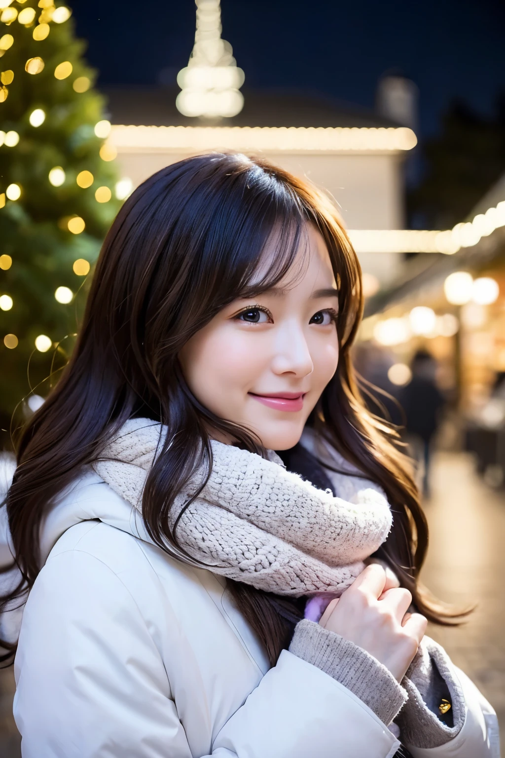 (highest quality、8K、32K、masterpiece,)Beautiful woman、Half of her face is buried in a fluffy white scarf、Half of my face is hidden by my muffler、There's also a big Christmas tree next door.、dark brown eyes、turn to the side、profile、looking up at the tree、profile、Shooting at a distance、whole body ,shy smile,white coat、City of night、美しいCity of night、illumination、Sparkling