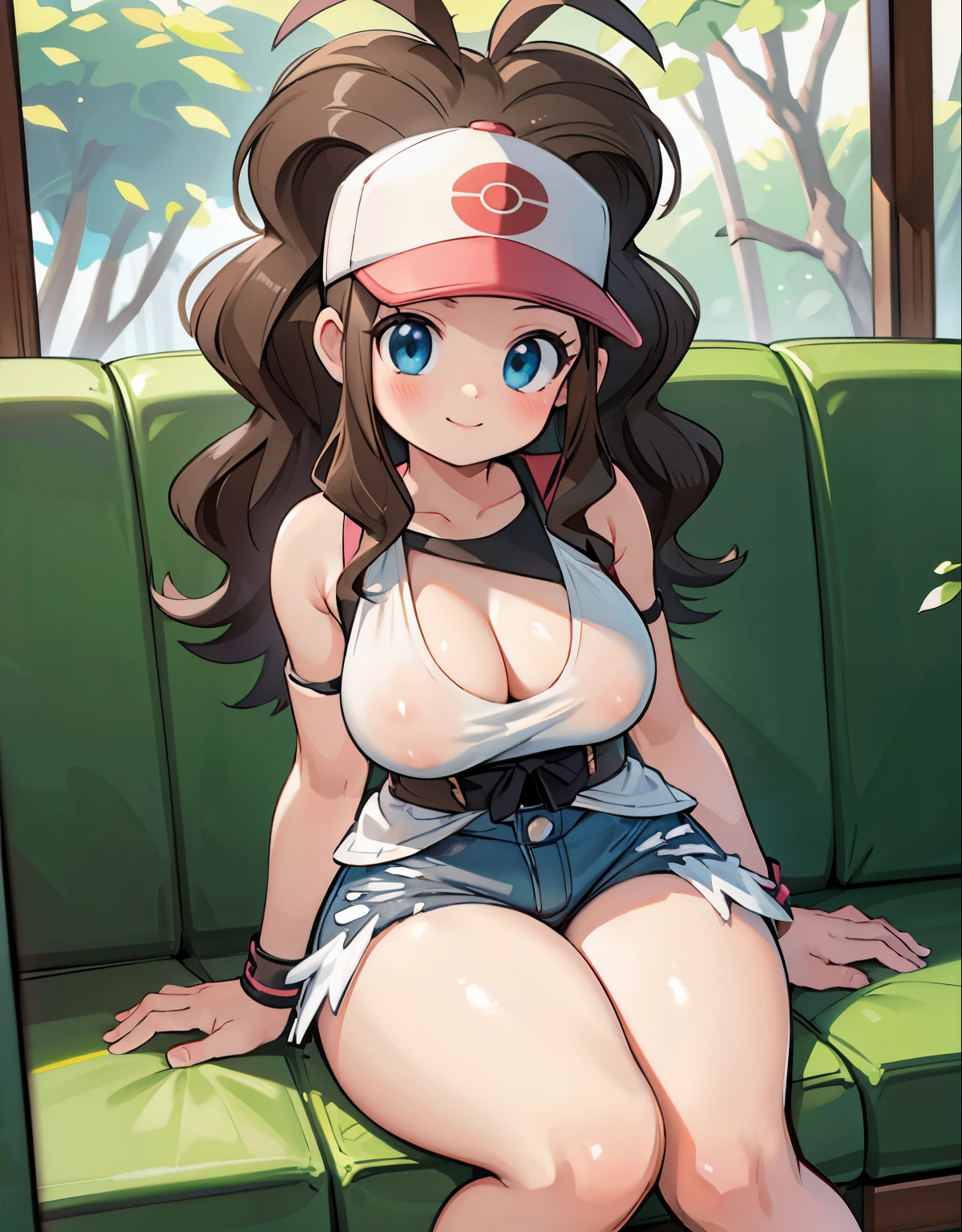 (best quality, highres, masterpiece:1.2), ultra-detailed, realistic:1.37, sketches, hilda pokemon, def1, teenage girl, sitting on her knees, curvy, visible thighs, chubby thighs, thick thighs, thighs in the foreground, body shape, mexican town, piramids, curious look, pokeballs, smile, encanto femenino, love letter, downblouse