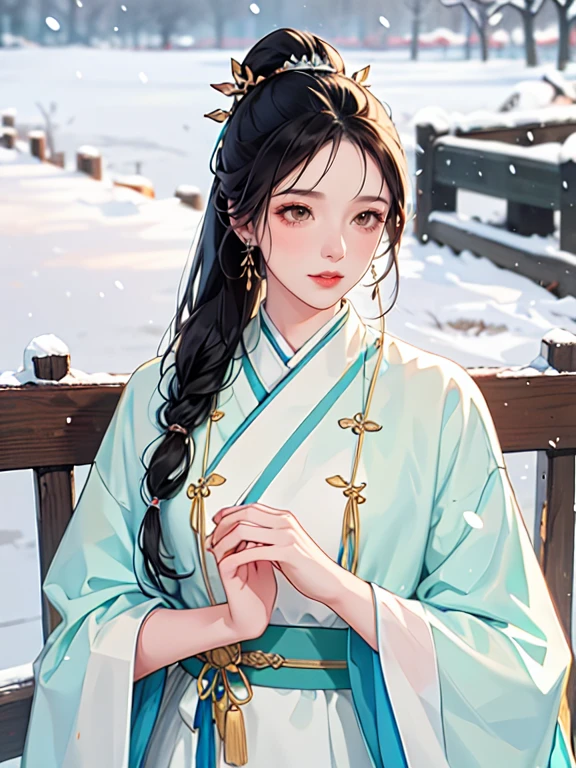 (best quality), ((masterpiece)), (highres), illustration, original, extremely detailed, licg, snow, snowman, 1girl, 1boy, chinese clothes, black hair, outdoors, long hair, winter, long sleeves, fur trim, hanfu, snowing, ponytail, jewelry, ribbon, looking down, earrings, blurry, hair ornament