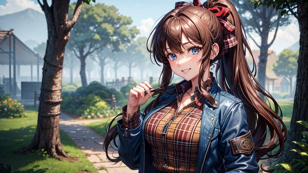 1girl, solo, village, trees, brown hair, long hair, curly hair, ponytail, large breasts, button down shirt, ((blue checked shirt)), blue eyes, ((opened brown zipper jacket)), leather jacket, red and black skirt, smile, looking at the viewer, standng, hair ribbon