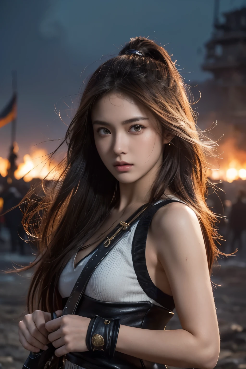 (Ultra quality:1.2), (Ultra detailed:1.2), (Ultra detailed clothes:1.2), (Ultra detailed face:1.2), (Ultra detailed eyes:1.2), (Ultra detailed body:1.2), (Ultra detailed weapons:1.2), young pirate girls, torn clothes, different hair colors, sword fights, battlefield in the background, fire in the background, night
