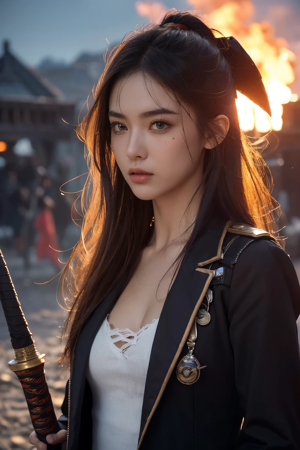 (Ultra quality:1.2), (Ultra detailed:1.2), (Ultra detailed clothes:1.2), (Ultra detailed face:1.2), (Ultra detailed eyes:1.2), (Ultra detailed body:1.2), (Ultra detailed weapons:1.2), young pirate girls, torn clothes, different hair colors, sword fights, battlefield in the background, fire in the background, night
