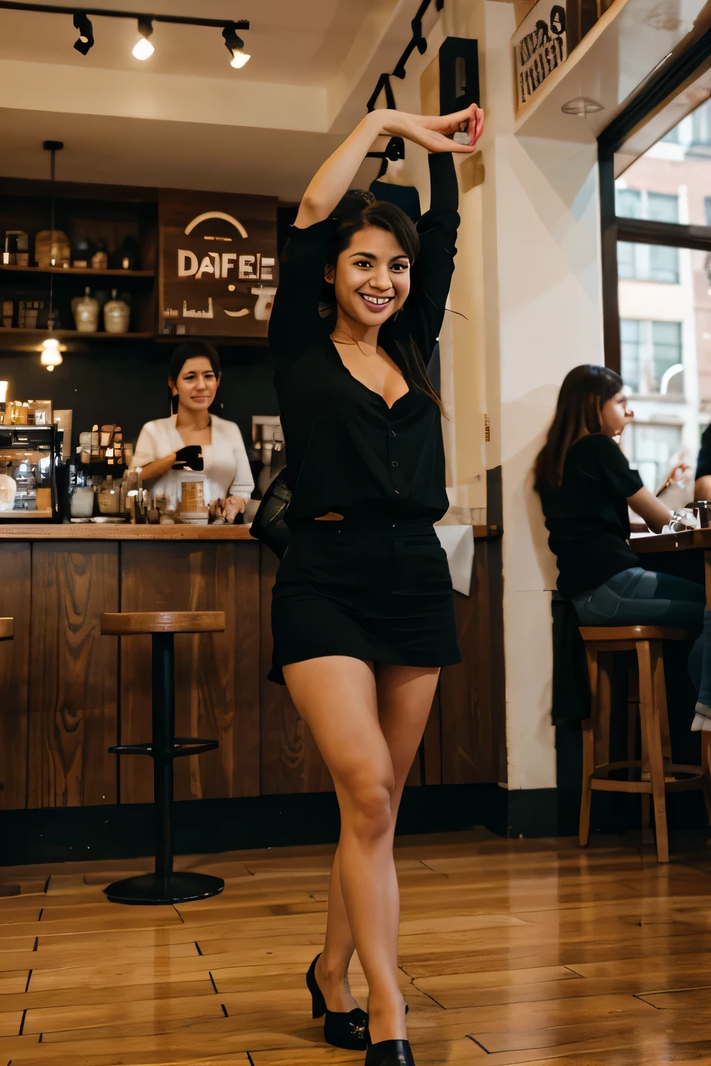 woman dancing in a cafe