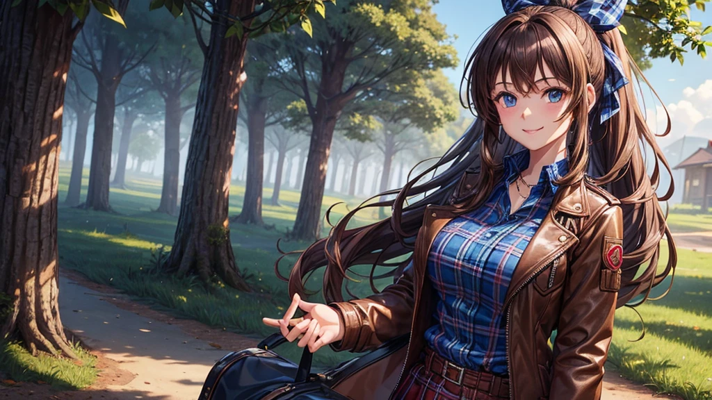 1girl, solo, trees, sun, clouds, autumn, colorful trees, falling leaves, ((brown hair)), ponytail, huge breasts, ((brown leather jacket)), button down shirt, ((blue checked shirt)), ((unbuttoned shirt)), unbuttoning buttons, cleavage 1:3, blue eyes, long skirt, brown boots, smile, happy, looking at the viewer, walking, hair ribbon, golden necklate