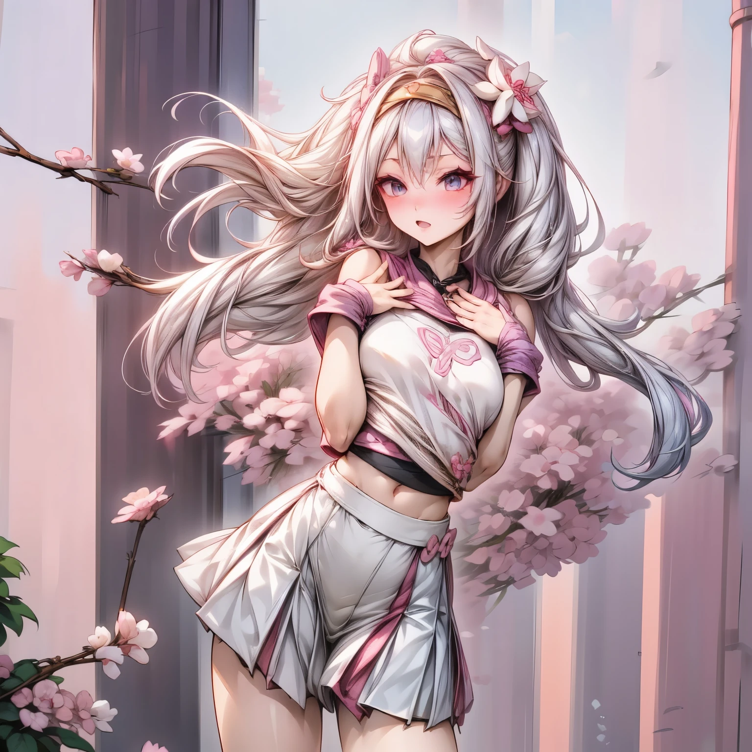 Anime girl, 1 anime girl, dark purple and white hair, golden eyes, golden pupils, glowing eyes, thick hair, blown by the wind, crop top, skirt, blush, sakura flowers garden, Edo era, sunlight, sun, sakura garden landscape, white skin, pink and white outfit, beautiful, happy pose, Hands behind 