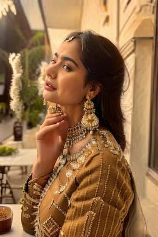 (best quality,4k,8k,highres,masterpiece:1.2),ultra-detailed,(realistic,photorealistic,photo-realistic:1.37),a Pakistani model eating honey from a bottle of pure honey,beautiful detailed eyes,beautiful detailed lips,extremely detailed eyes and face,longeyelashes,fair skin,fine facial features,[model],sitting in a cozy cafe,posing elegantly with the bottle in her hand,savoring every drop of the honey,[Pakistani clothes],[traditional jewelry],vibrant colors,perspective view of the model from the side,soft and warm lighting,illuminating the model's face and highlighting her natural beauty,subtle shadows creating depth and dimension,blurred background with bokeh effect,emphasizing the model and the bottle,hands delicately holding the bottle,pure honey dripping from the bottle onto her lips and tongue,tiny droplets gleaming under the light,details of the honey bottle's label,indicating its authenticity and purity,beautifully decorated cafe with intricate details of furniture and decor,subtle reflections on the model's eyes,enhancing the realism of the image.