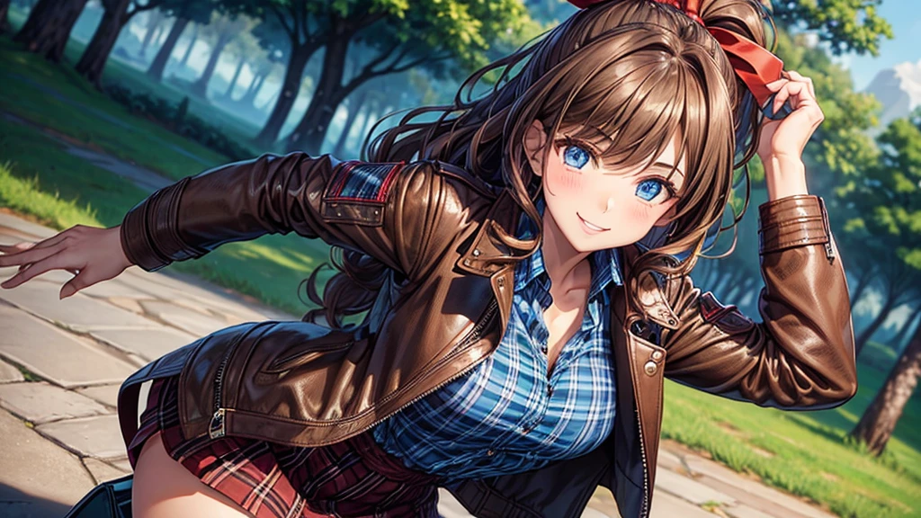 1girl, solo, trees, sun, clouds, autumn, colorful trees, falling leaves, ((brown hair)), ponytail, large breasts, ((brown leather jacket)), button down shirt, ((blue checked shirt)), ((unbuttoned shirt)), unbuttoning buttons, ((full cleavage)), blue eyes, long skirt, brown boots, smile, happy, looking at the viewer, walking, upper view, hair ribbon, golden necklate