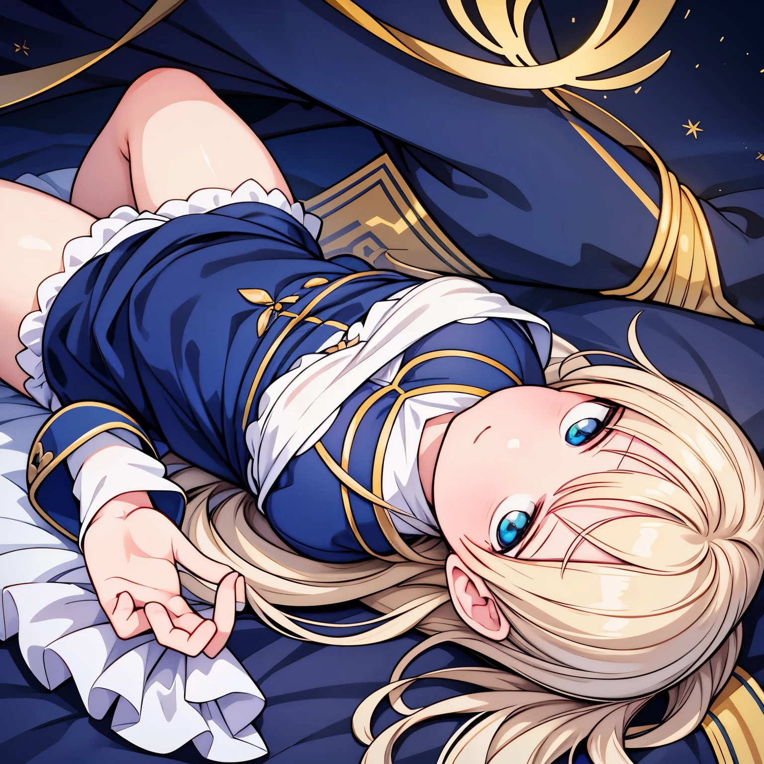 Masterpiece, best quality, high resolution, high heels, (Ingrid), hair pods, gloves, skirts, (((panties under black pantyhose))), bows, dresses, (lying, spread legs, imminent vaginal, sex, missionary, face to face, pov), (nsfw:1.5), aroused, closed eyes, open mouth, (blush), ((nature))