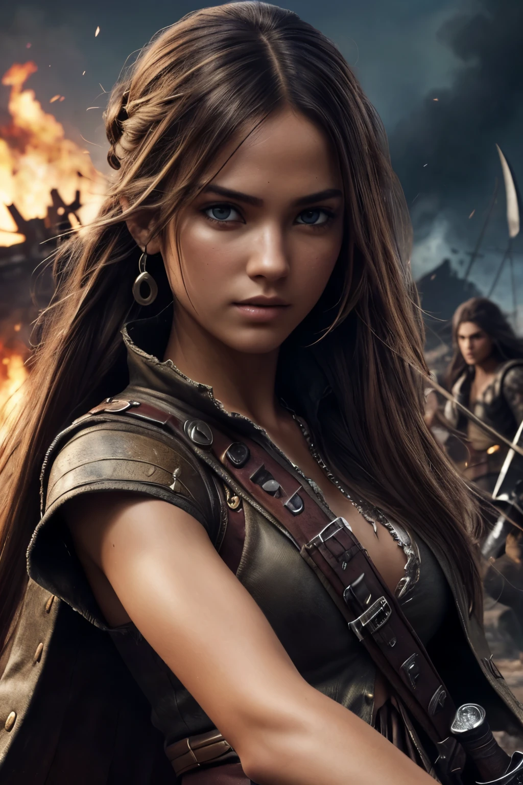 (Ultra quality:1.2), (Ultra detailed:1.2), (Ultra detailed clothes:1.2), (Ultra detailed face:1.2), (Ultra detailed eyes:1.2), (Ultra detailed body:1.2), (Ultra detailed weapons:1.2), young pirate girls, torn clothes, different hair colors, sword fights, battlefield in the background, fire in the background, night